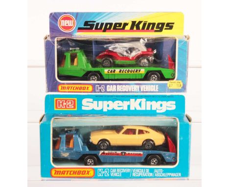 Matchbox Super Kings Pair of K-2 Recovery Vehicle Sets. (1) semi matt lime green body with red plastic rear ramps, light ambe