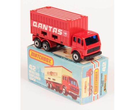 Matchbox Superfast 42c Mercedes Container Truck "Quantas" - red cab &amp; chassis, dark blue windows, red container without o
