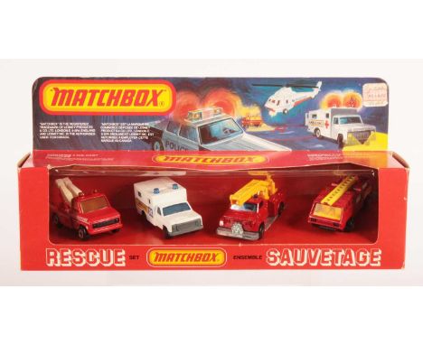 Matchbox Superfast G-6 Canadian Issue Rescue Gift Set - containing (1) 13c Snorkel fire Engine with bare metal base; (2) 22c 