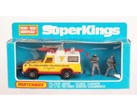 Matchbox Super Kings K75 Plymouth Trail Duster Airport Fire Tender German export issue "Flughafen - Feurwehr" - yellow body, 