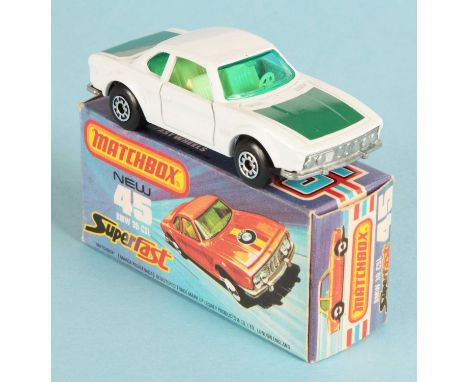 Matchbox Superfast 45b BMW 3.0 CSL - RARE WHITE BODY WITH DARK GREEN TAMPO PRINTED HOOD &amp; TRUNK PANELS, without door brac