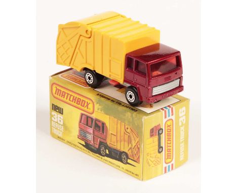 Matchbox Superfast 36d Refuse Truck - metallic red cab, red windows, dark yellow plastic container body WITHOUT "COLLECTOMATI