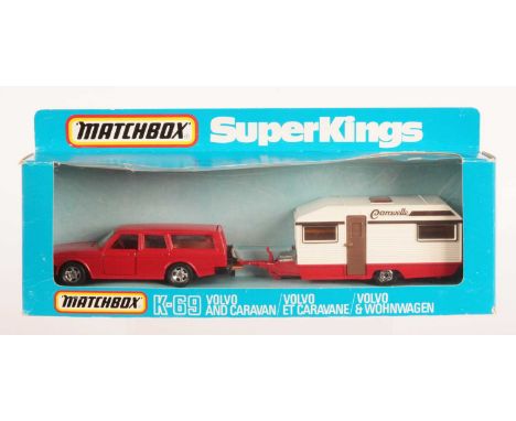 Matchbox Super kings K-69 Volvo &amp; Caravan Set. Volvo red body, textured roof, brown interior, clear windows, 5 spoke deep
