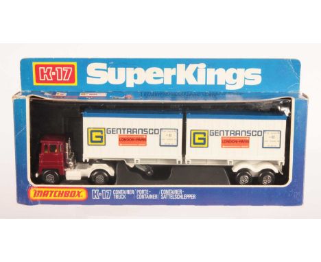 Matchbox Super Kings K-17 Scammell Crusader Twin Container Truck "Gentransco". metallic red Cab, white chassis, lemon yellow 