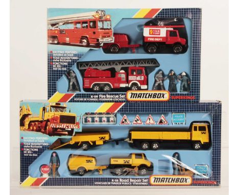 Matchbox Super Kings - Pair of Commercial Vehicle Sets. (1) K118 Road Repair Set with Ford H Series Dropside Truck &amp; Trai