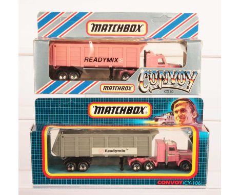 Matchbox Superfast Convoy Series 2 x "Readymix" Articulated Tipper Trucks - both are clear windows, gloss black trailer chass
