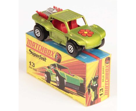 Matchbox Superfast 13b Baja Buggy - metallic lime green body, red engine exhausts, RARE RED INTERIOR, bare metal base - Excel