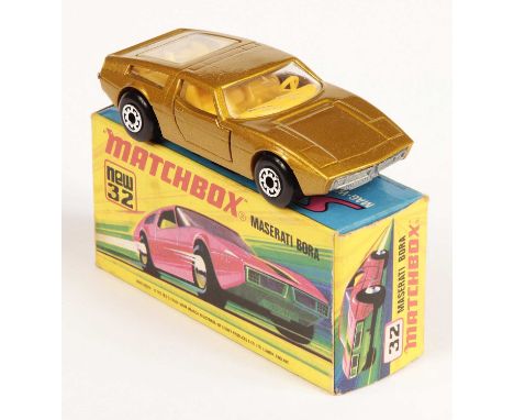 Matchbox Superfast 32b Maserati Bora Twin Pack Issue - metallic gold body, clear windows, dark yellow interior with tow hook,