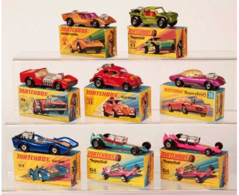 Matchbox Superfast Group of 8 x Early to Mid 1970's Issue Racing Cars &amp; Dragsters - (1) 4b Gruesome Twosome with pale yel