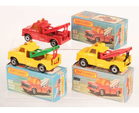 Matchbox Superfast 3 x 61b Ford A-Series Wreck Truck - all are amber windows, 5-crown wheels - (1) yellow body, coral pink ji