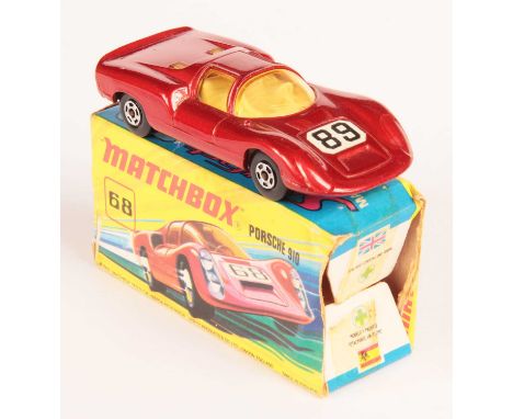 Matchbox Superfast 68a Porsche 910 - metallic red body WITH RARE RACING NUMBER 89 NOSE LABEL, light amber windows, ivory inte