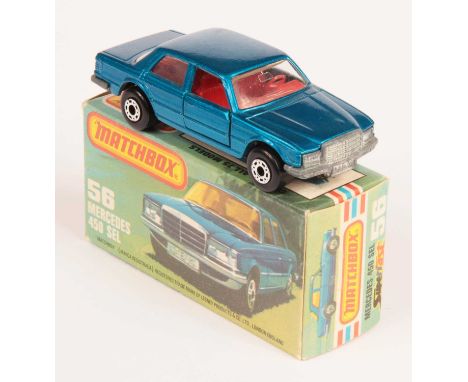 Matchbox Superfast 56c Mercedes 450 SEL - metallic blue body, clear windows, RARE RED INTERIOR, bare metal base - Near mint w
