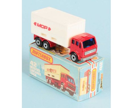 Matchbox Superfast 42c Mercedes Container Truck "MCP" - red cab &amp; chassis, dark blue windows, white container without ope