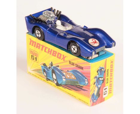 Matchbox Superfast 61a Blue Shark - metallic dark blue body WITH SCORPION NOSE LABEL, clear windscreen, bare metal base - Exc