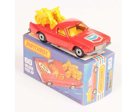 Matchbox Superfast 60c Holden Pick-Up Truck - red body WITH RARE CHEVRON HOOD LABEL, light amber windows, pale yellow interio