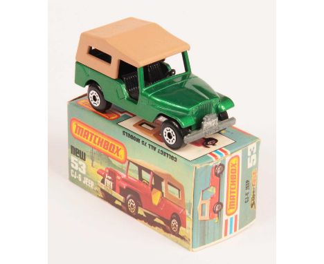 Matchbox Superfast 53c Jeep CJ6 - metallic emerald green body, tan plastic roof, RARE BLACK INTERIOR, bare metal base, 5-craw