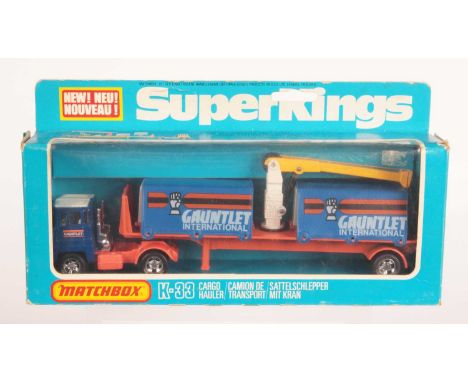Matchbox Super Kings K-33 Scammell Crusader Articulated Cargo Hauler "Gauntlet International" - blue cab, white roof, clear w