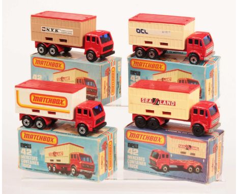 Matchbox Superfast 4 x 42c Mercedes Container Truck - all are red cab &amp; chassis, dark blue windows, containers have red r