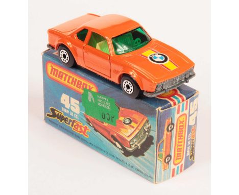 Matchbox Superfast 45b BMW 3.0 CSL - orange body with door braces, RARE DARK GREEN WINDOWS WITH ROOF LIGHT SUPPORT, pale yell
