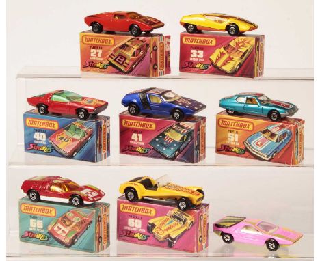 Matchbox Superfast Group of 9 x mid 1970's to Early 1980's Issue American Cars - (1) 1c Dodge Challenger - red body, white pl
