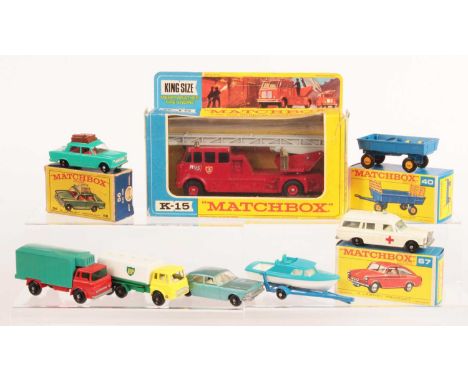 Matchbox Regular Wheels 56b Fiat 1500 with brown luggage - Near mint in Fair "New Model" Type E2 Box; 40c Farm Hay Trailer - 