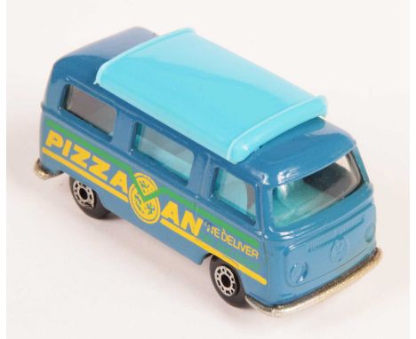 Matchbox Superfast 23a Volkswagen Transporter Camper Van Made in Hungary Issue - blue body with yellow &amp; green "Pizza Van