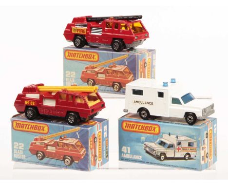 Matchbox Superfast 2 x 22c Blaze Buster Fire Engine - both are 5-spoke wheels - (1) bright red body, RARE BLACK PLASTIC LADDE