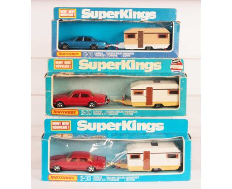 Matchbox Super Kings - 3x K-69 Caravan Touring Set. (1) Jaguar XJ12 - metallic blue, brown interior, light amber windows, mal