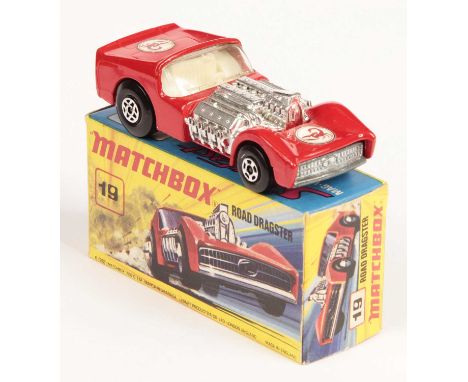 Matchbox Superfast 19b Road Dragster - red body with RARE SCORPION LABELS, ivory interior, bare metal base - Near Mint with u