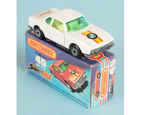 Matchbox Superfast 45b BMW 3.0 CSL GERMAN MARKET ISSUE - white body with "Manhalter" trunk label, without door braces, turquo