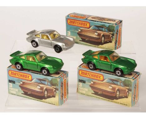 Matchbox Superfast 3 x 3c Porsche 911/930 Turbo - all are clear windows, 5-arch wheels - (1) metallic emerald green body, pal