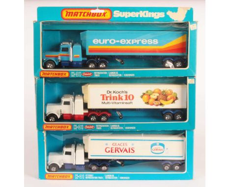 Matchbox Super Kings 3x K-31 Peterbilt Articulated Refrigerator Trucks - Export Issues. (1) "Glaces Gervais" white cab, bare 