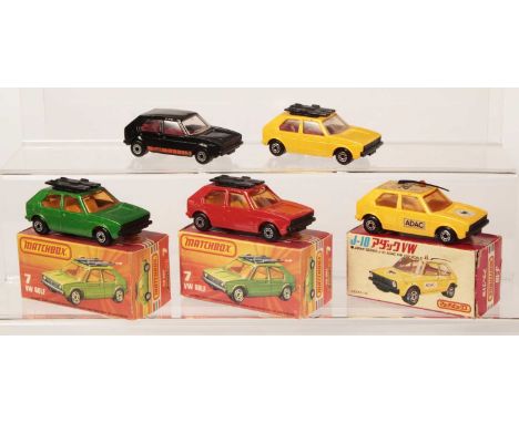 Matchbox Superfast 5 x 7c Volkswagen Golf - all are dot-dash wheels - (1) Japanese Market Issue - yellow body with "ADAC" lab