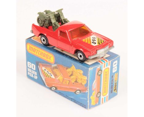 Matchbox Superfast 60c Holden Pick-Up Truck - red body with racing number 500 hood label, light amber windows, red interior, 