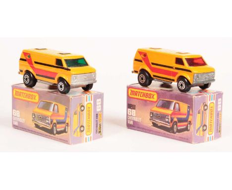 Matchbox Superfast 2 x 68c Chevy Van - both are orange body with black &amp; red stripe tampo print - (1) DARK GREEN WINDOWS;