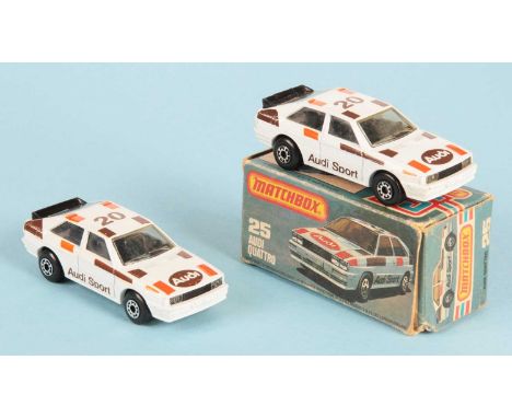 Matchbox Superfast 2 x 25d Audi Quattro - both are white body with burnt orange & brown Tampo Print, clear windows, black int