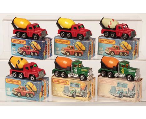 Matchbox Superfast Group of Cement Mixer Trucks - including 4 x 19c Cement Mixer - all are bare metal base, 5-crown wheels - 