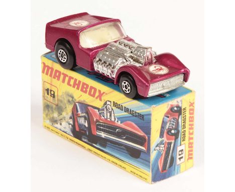 Matchbox Superfast 19b Road Dragster - metallic magenta body WITH MATT PAINT FINISH, RARE SCORPION LABELS, ivory interior, ba