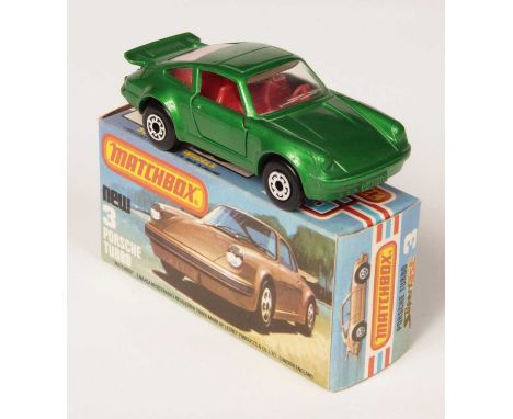 Matchbox Superfast 3c Porsche 911/930 Turbo - metallic emerald green body, clear windows, RARE RED INTERIOR, graphite grey ba