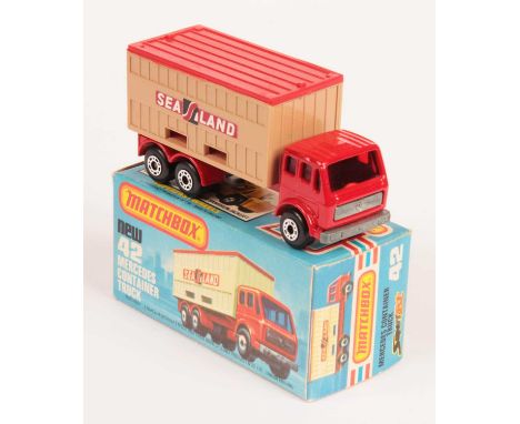 Matchbox Superfast 42c Mercedes Container Truck "Sea Land" - red cab &amp; chassis, RARE RED WINDOWS, tan container with red 