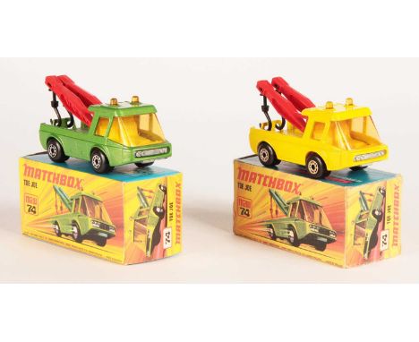 Matchbox Superfast 2 x 74b Toe Joe - both are light amber windows, red plastic jubs with black hooks, bare metal base, 5-arch