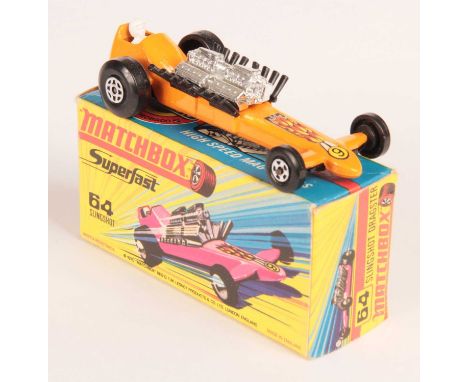 Matchbox Superfast 64b Slingshot Dragster - RARE ORANGE BODY with racing number 9 flame nose label, black engine exhausts, gl