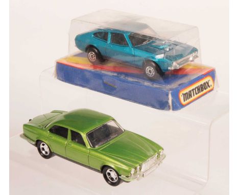 Matchbox Super Kings Pair of Made in Bulgaria British Cars - (1) K-59 Ford Capri - metallic blue body, clear windows, black i