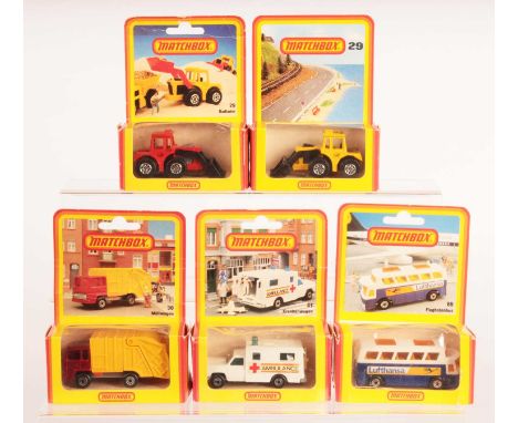 Matchbox Superfast Group of 5 x German Market Window Boxed Models - (1) 29c Tractor Shovel - burnt orannge body, silver-grey 