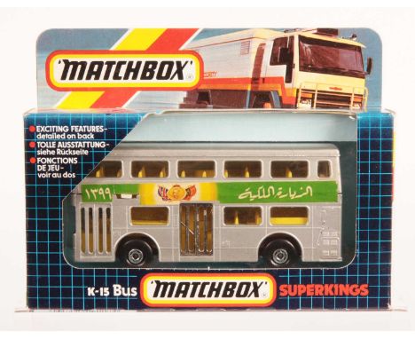 Matchbox Super Kings K15 Daimler Fleetline Londoner Bus - factory trial model "1979 Royal Visit to Iran" - metallic silver bo