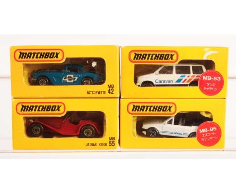 Matchbox Superfast Group of 4 x Made in Macau Japan Series Models - (1) MB42 '62 Corvette; (2) MB53 Dodge Caravan with maroon