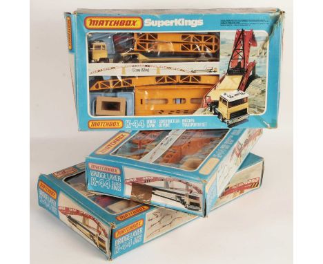 Matchbox Super Kings 3x K-44 Berliet V8 3300 Bridge Layer Sets. (1) Orange plastic components, instructions &amp; label sheet