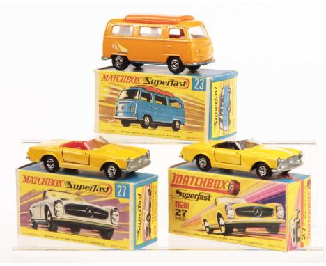 Matchbox Superfast Group of German Vehicles. (1) 23a Volkswagen Transporter Camper Van - light orange body with "Sailboat" la
