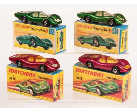 Matchbox Superfast 4 x 45a Ford Group 6 - all are chrome engine, 5-spoke wide wheels - (1) metallic green body with circular 