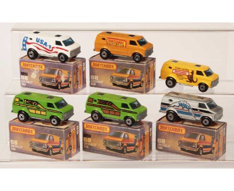 Matchbox Superfast Group of 6 x Chevrolet Van - all are blue windows, bare metal base - (1) green body with yellow "Chevy" ta